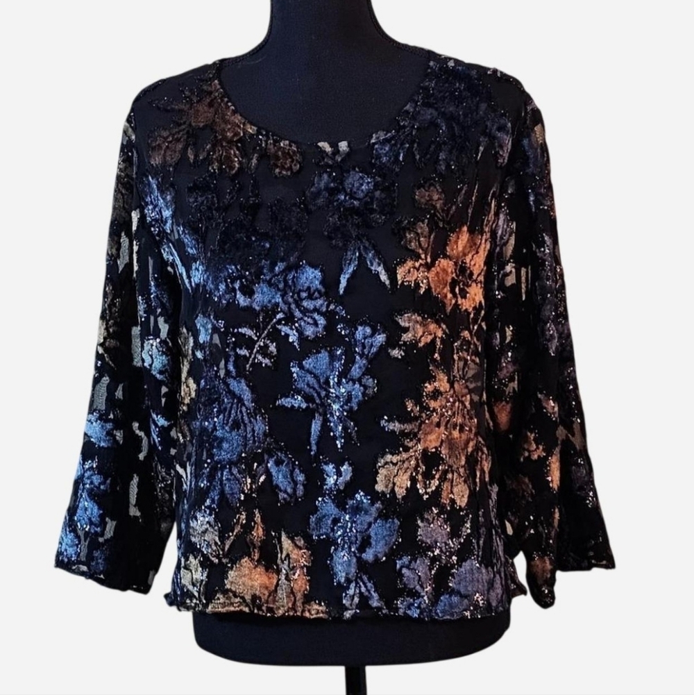 Crush velvet burnout‎ style size M women's partially sheer sparkly top